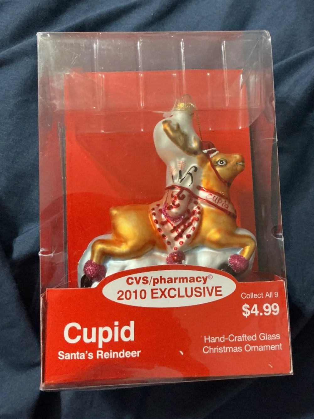 2010 Exclusive CVS Cupid Santa’s Reindeer Hand-Crafted Glass Christmas Ornament